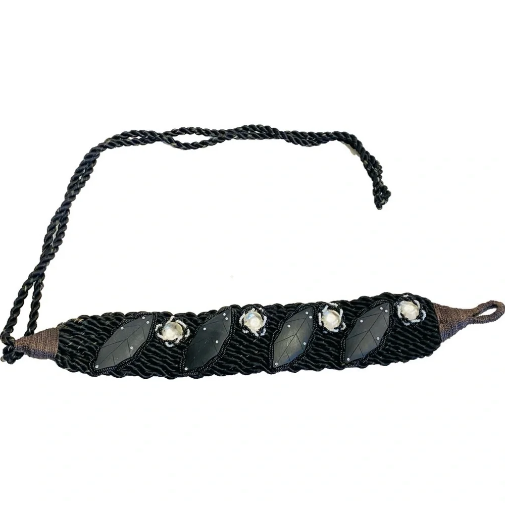 Vintage 80s Artsy Wood Beaded and Carved Shell Cummerbund Rope Belt Retro Boho